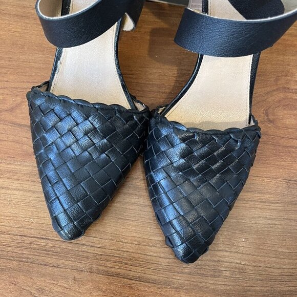 Bohme Zoey Black Heel Woven Boho 8.5 Pointed Strappy Leather Chunky Criss Cross - Picture 2 of 7